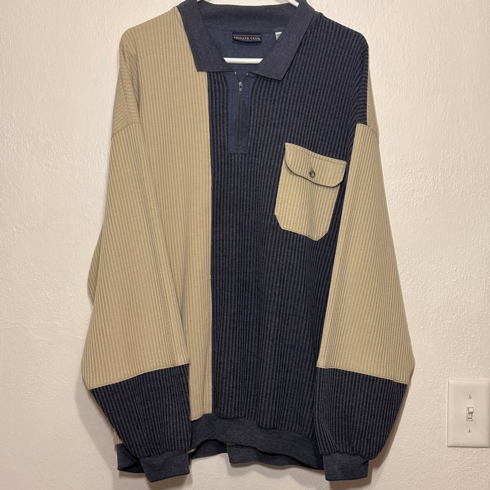 Private Club Polo Shirt Mens 3X Blue Tan Vintage Colorblock Waffle Knit